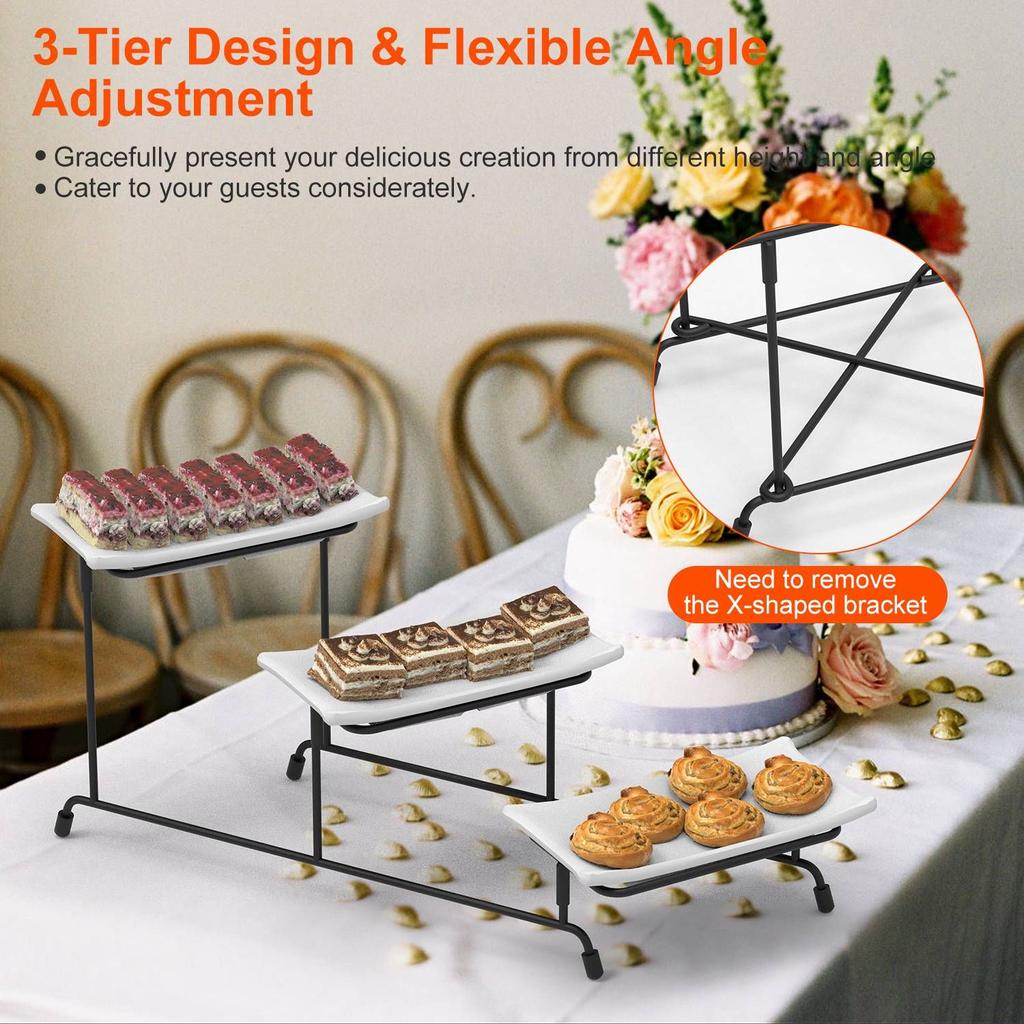 For 3-Tier Plastic Serving Tray Dessert Server Display Serving Stand Dinnerware with 3 Rectangular Plastic Serving Platters Meta
