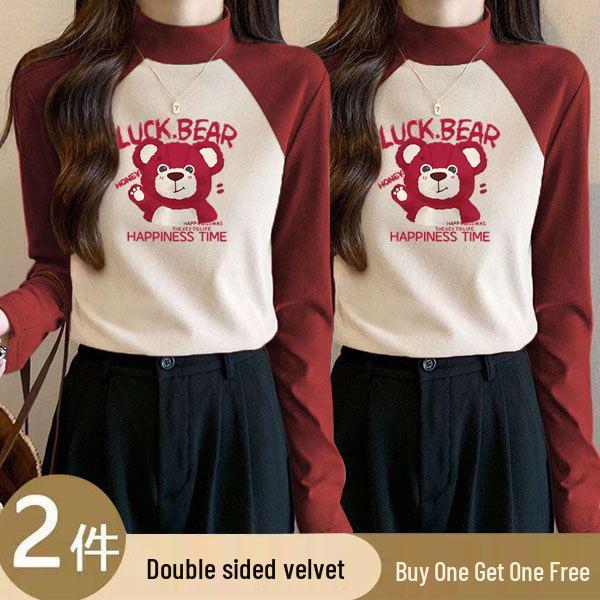 Two-Piece Women's Velvet Color Block Semi-High Neck Warm Slim Fit Shirt