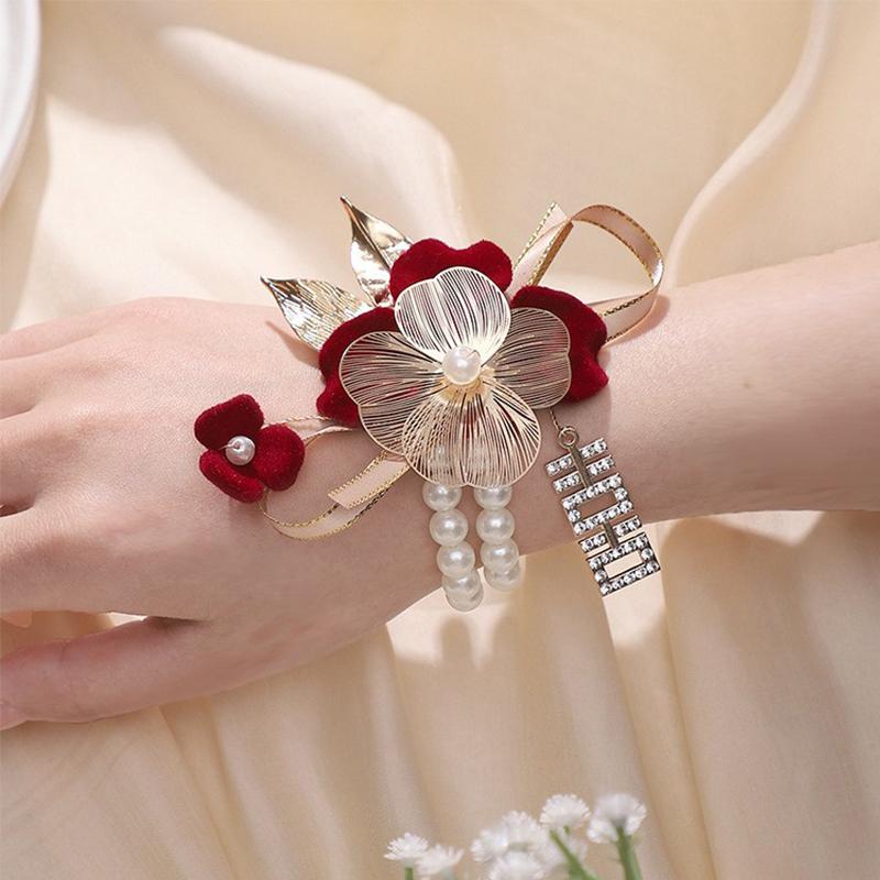 Brățară Exquisită pentru Domnișoare de Onoare cu Flori Artificiale, Panglică Dulce de Nuntă, Fundă cu Perle, Flori de Mână pentru Mireasă, Accesorii de Petrecere, Bal de Promovare, Cadouri