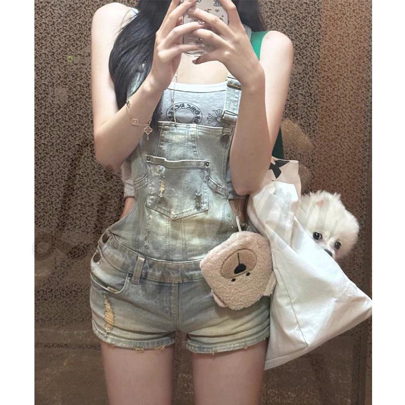 Women s American Retro Ripped Denim Overall Shorts - Summer Bodycon Style XL
