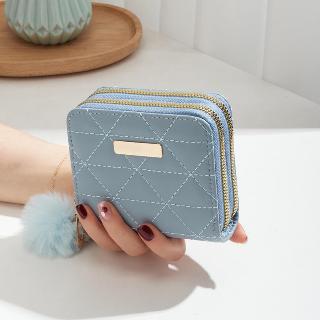 Small Fur Ball Bag, Double Layered Wallet, Diamond Grid, Ladies', Short, Hand-held, Coin Purse