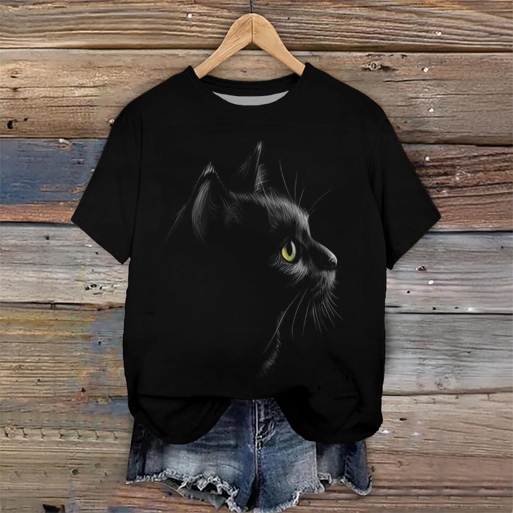 

Жіночі футболки з 3d-принтом «Чорний кіт» з круглим вирізом і короткими рукавами, жіночий одяг, модний вільний вуличний одяг великого розміру, літні топи з вентиляцією 3XL
