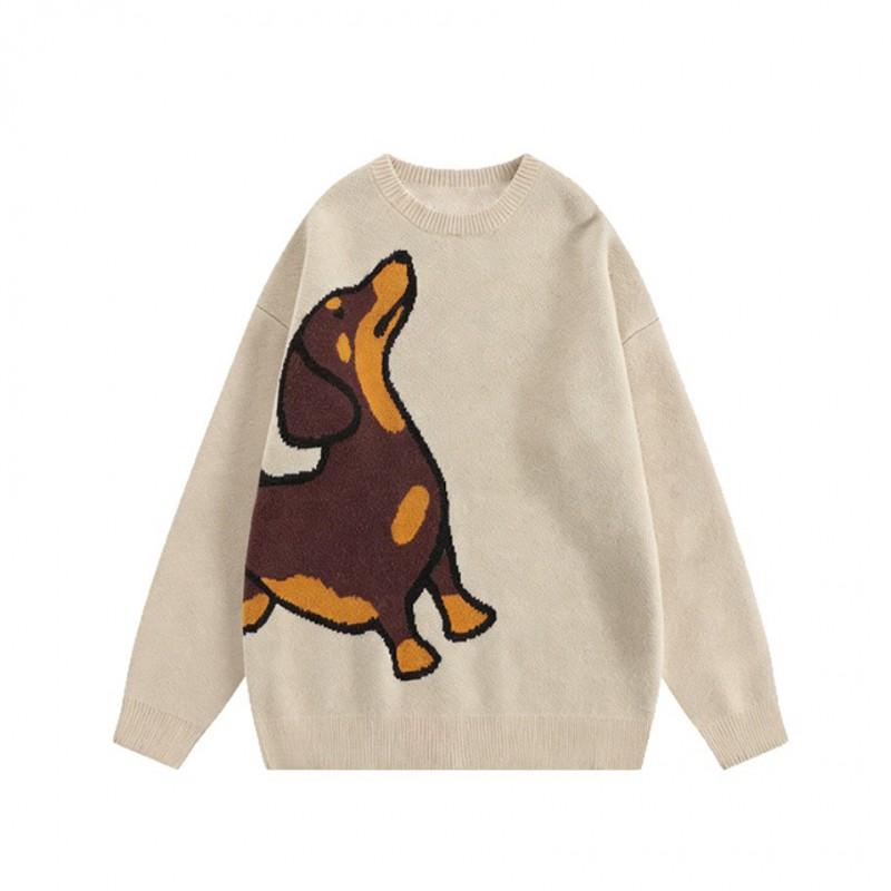 Knitted Sweater With Cartoon Dog Jacquard Unisex Loose Fit Crew Neck Pullover Fall 2027