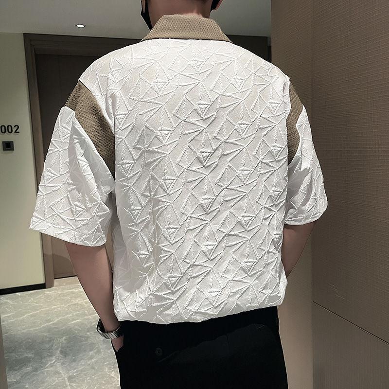 Stylish Contrasting Colors Spliced Shirts Summer Half Sleeve Men's Clothing Polo-Neck Casual Loose Basic Jacquard Weave Shirts