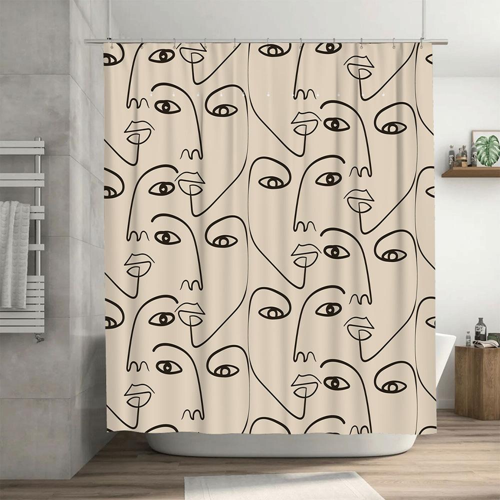 Modern Art Shower Curtain With Black Line Drawing Of Faces For Bathroom Decor White Color Polyester Fabric With Hook Rings Perfe