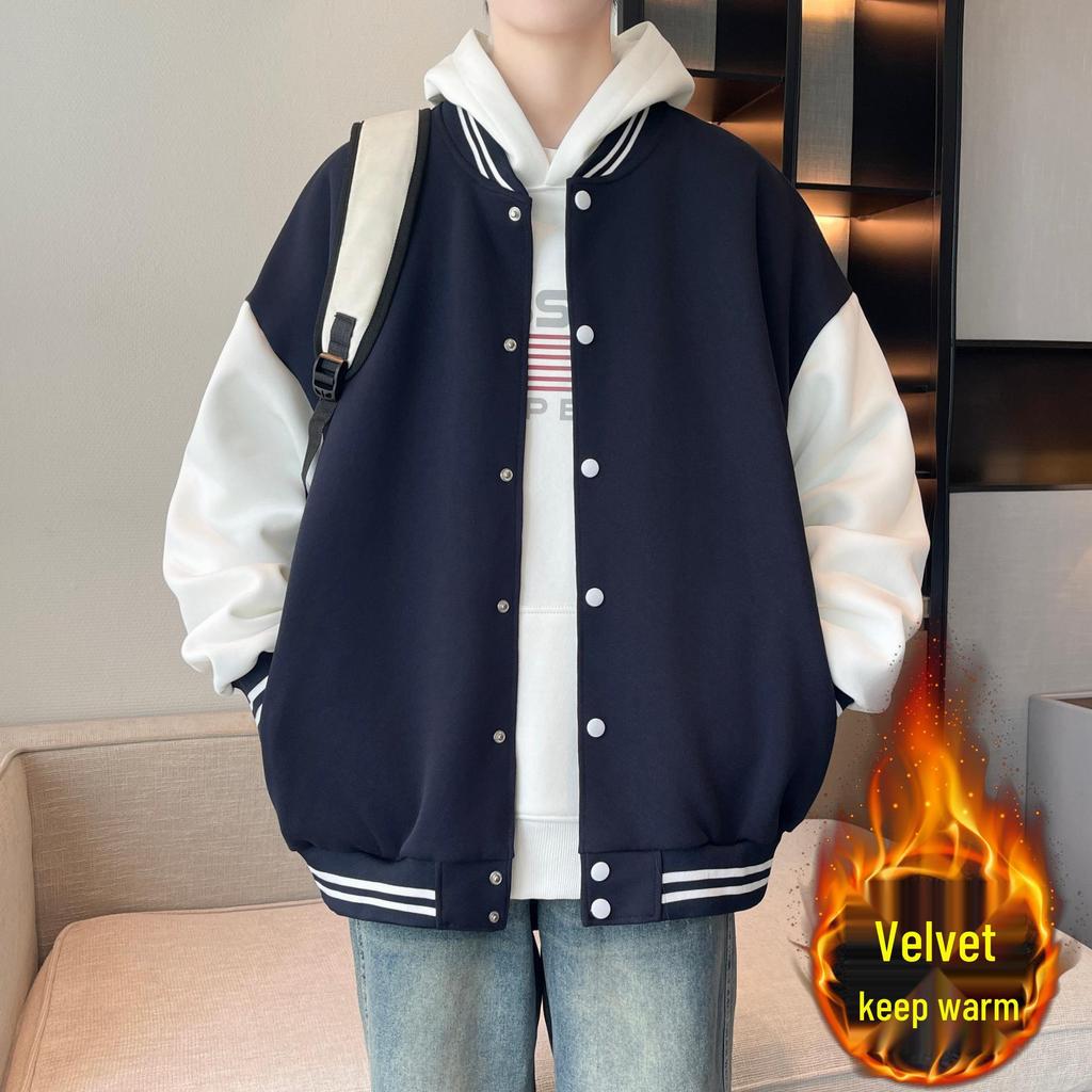 Men's Velvet-Lined Casual Cardigan: Trendy Autumn Winter Jacket - Stylish American Baseball Style for Couples