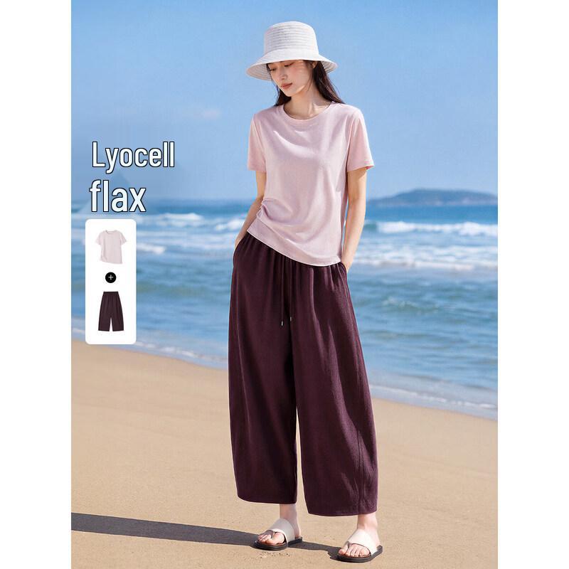 Women s Tencel Linen Irregular Hem T-shirt & Balloon Pants Set S