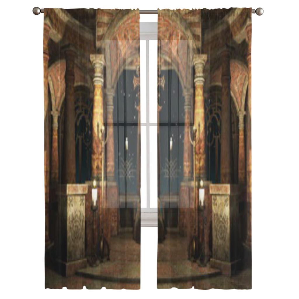 Starobylá hala se sloupy a průsvitnými závěsy z křížového tylu pro dekoraci obývacího pokoje, ložnice, kuchyně, záclony z voálu a organzy