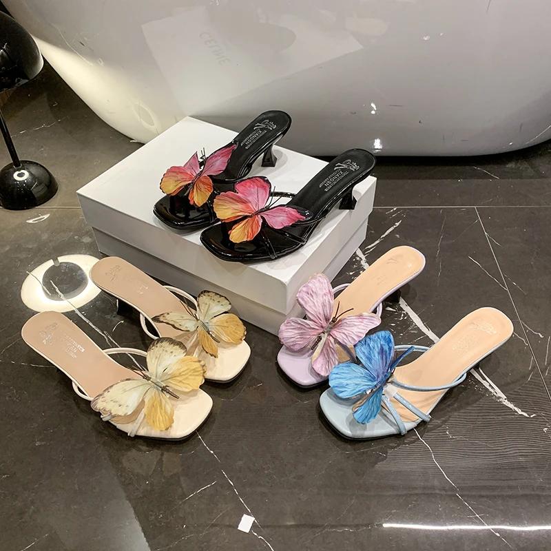 Fashion Butterfly Flower Sandals Slippers for Women 2025 New Summer French Fine Heel Sexy Open Toed High Heels Shoes