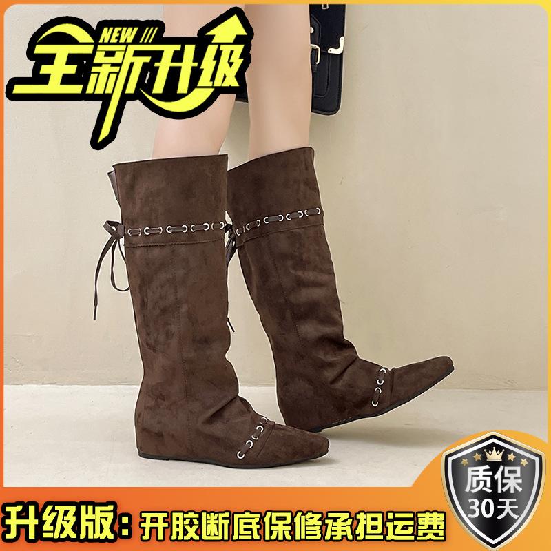 Retro Suede Lace-up Splicing Stacking Boots Women's Autumn and Winter Design Sense Pointed Buckle Metal Buckle Western Boots Knight Boots