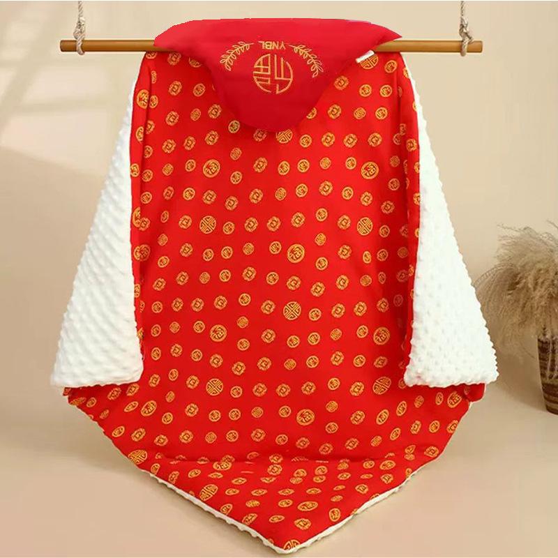 Red 100 Blessings Swaddle: Pure Cotton Newborn Blanket for Delivery Room, Thickened for Spring, Autumn, Winter