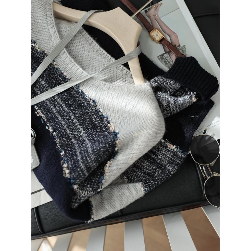 Matcha Chocolate Cashmere Wool Color Block Striped Knit Sweater - Women's Autumn Fashion