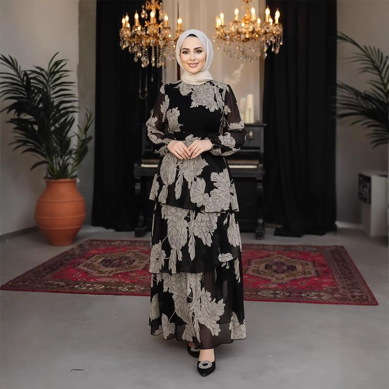 Large Size Women's Evening Dress Turkish Dress Printed Splicing Cake Dress Chiffon Dress