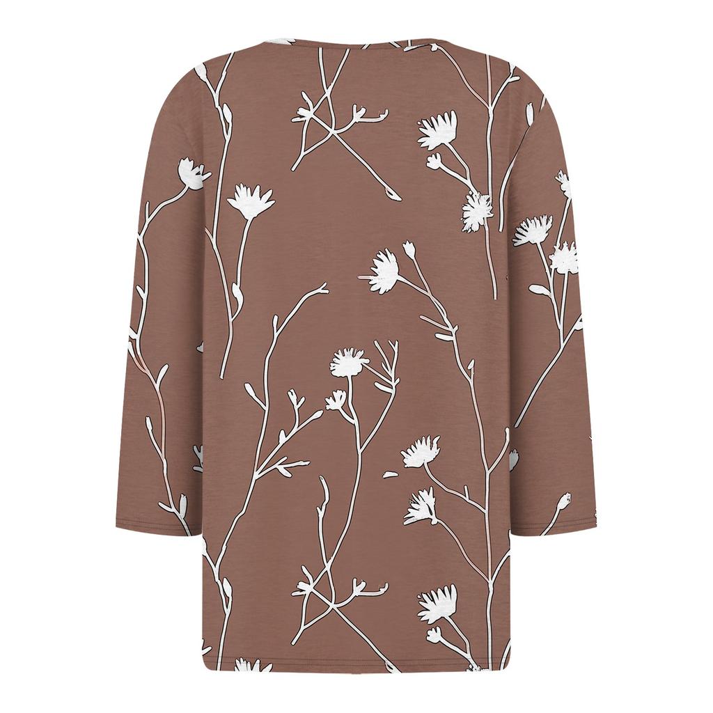 Women's Fashion And Leisure Flower Print V Neck 3/4 Sleeve Button Top T-shirt Top
