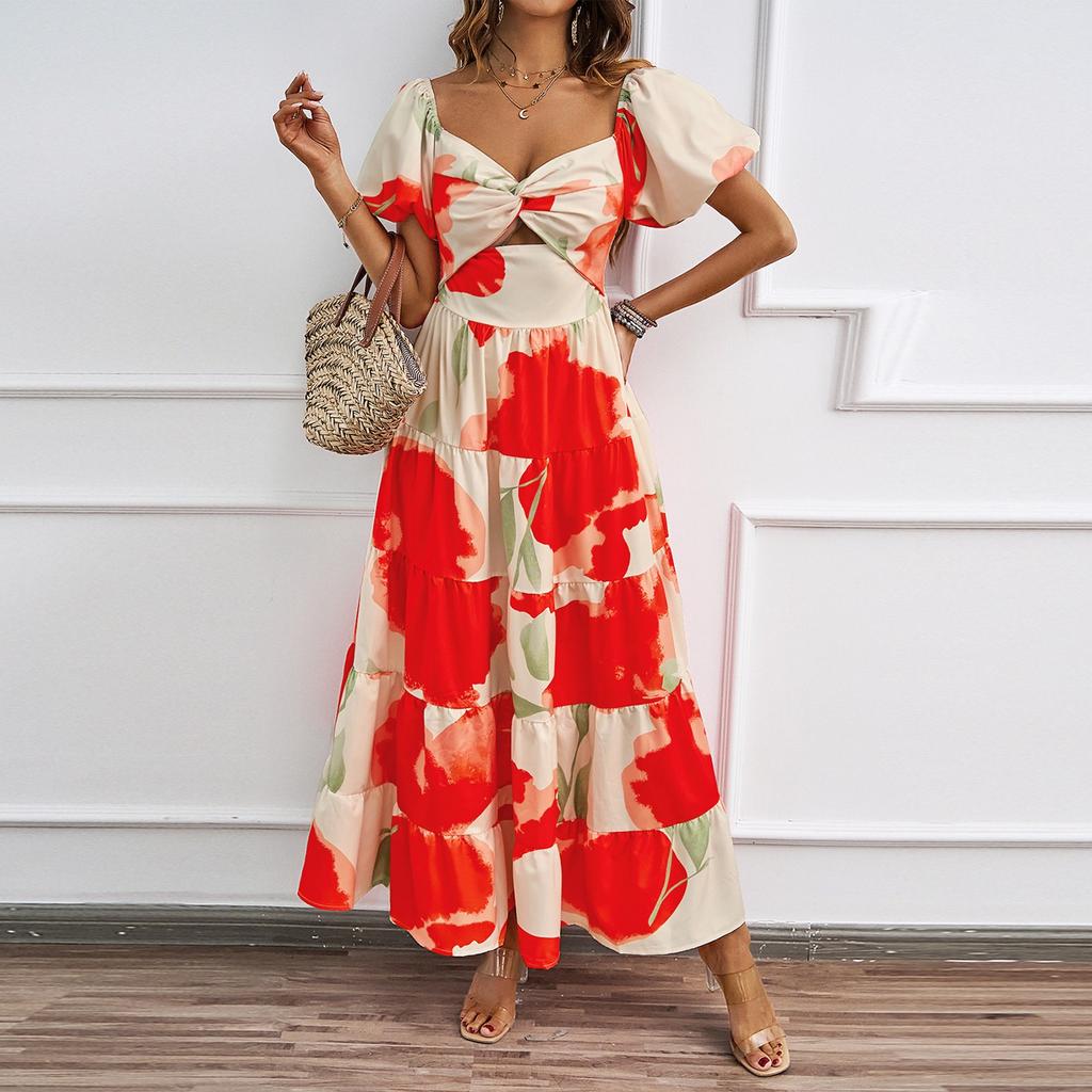 Women's Fashionable V Neck Floral Print Hollowed  Bubble Short Sleeved Dress With Temperament