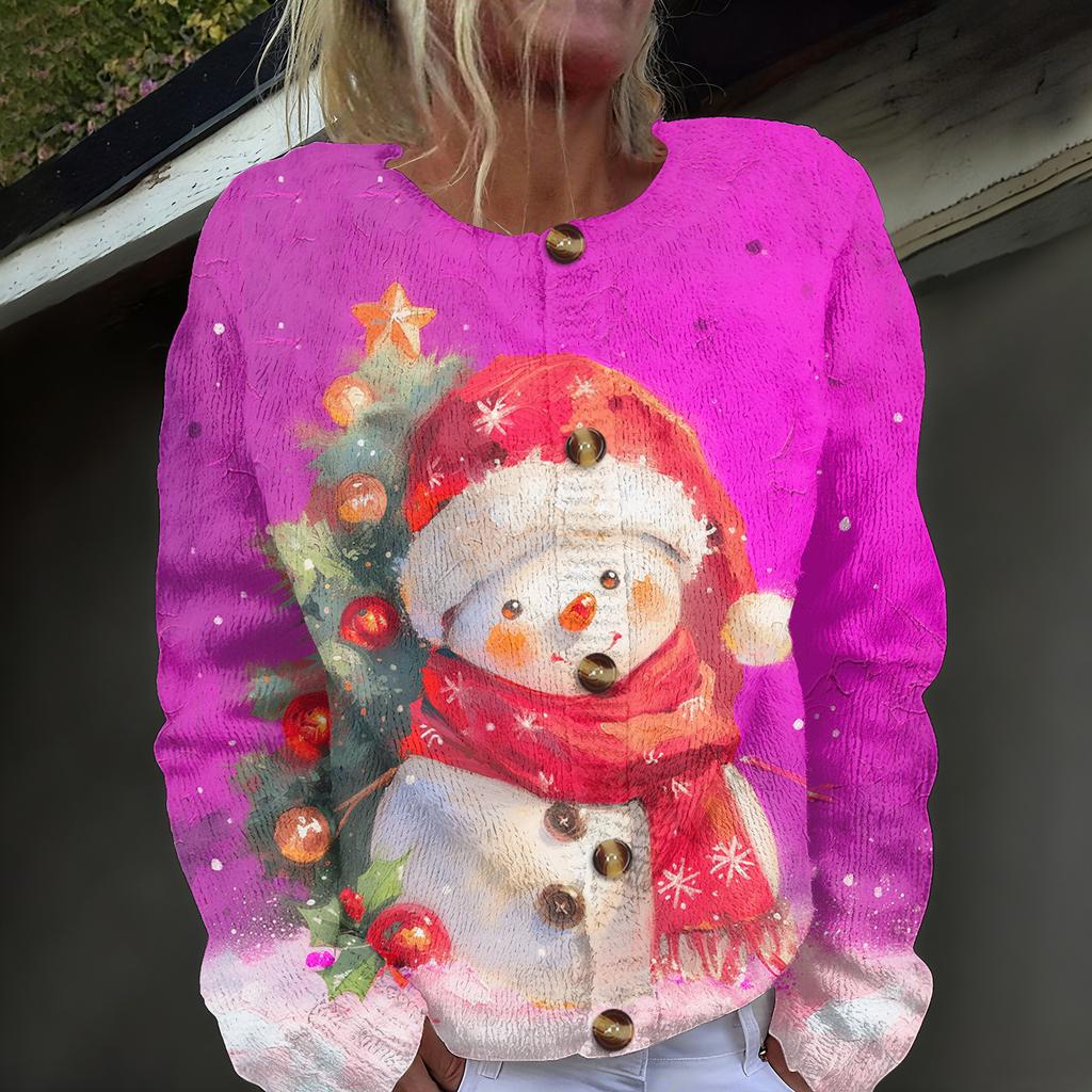 Women's Fashion Christmas Printed Long Sleeve Knitted Cardigan Button Down Jacket