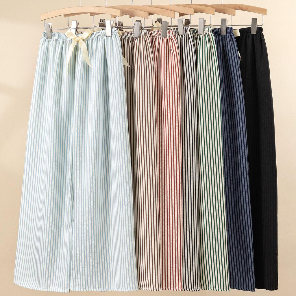 Women's Striped Pajama Pants - Summer Bubble Stripe, Slim, High Waist, Plus Size, Loose, Long Pants for Indoor/Outdoor Wear.