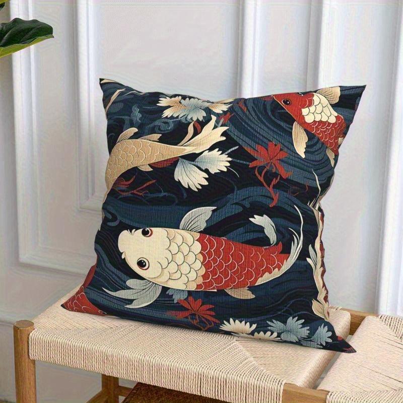 4pcs Japanese Style Koi Fish, Waves & Floral Print Pillow Covers - Soft Decorative Cushion Covers with Zipper Closure, Machine Washable, Multiple Size