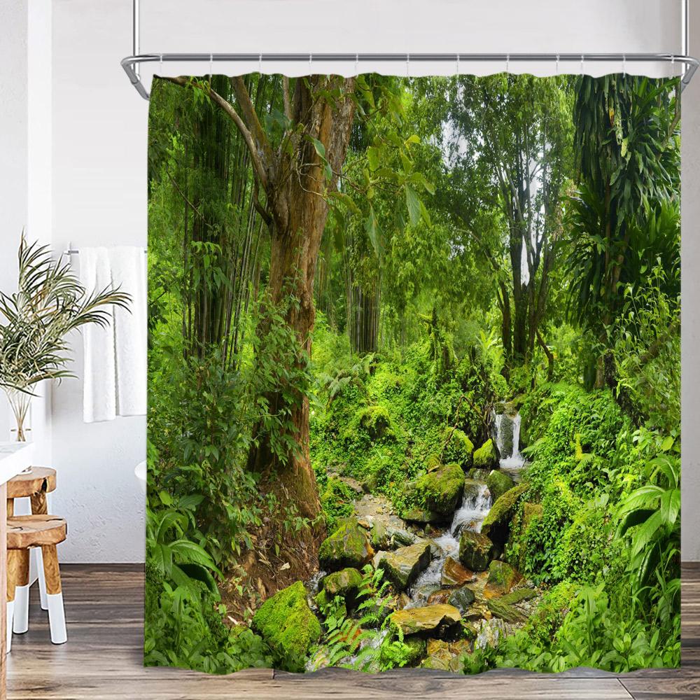 Natürliche Landschaft Wasserfall Wald Duschvorhang Landschaft Grüne Blätter Pflanzen Badezimmer Dekor Polyester Duschvorhang für Zuhause