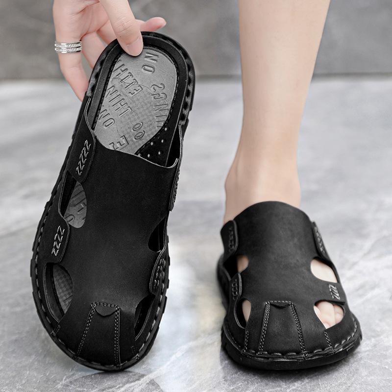 

Летние мужские кожаные тапочки, туфли большого размера, мужские тапочки, мужские сандалии, тапочки, кожаные шлепанцы, тапочки 47 чёрный
