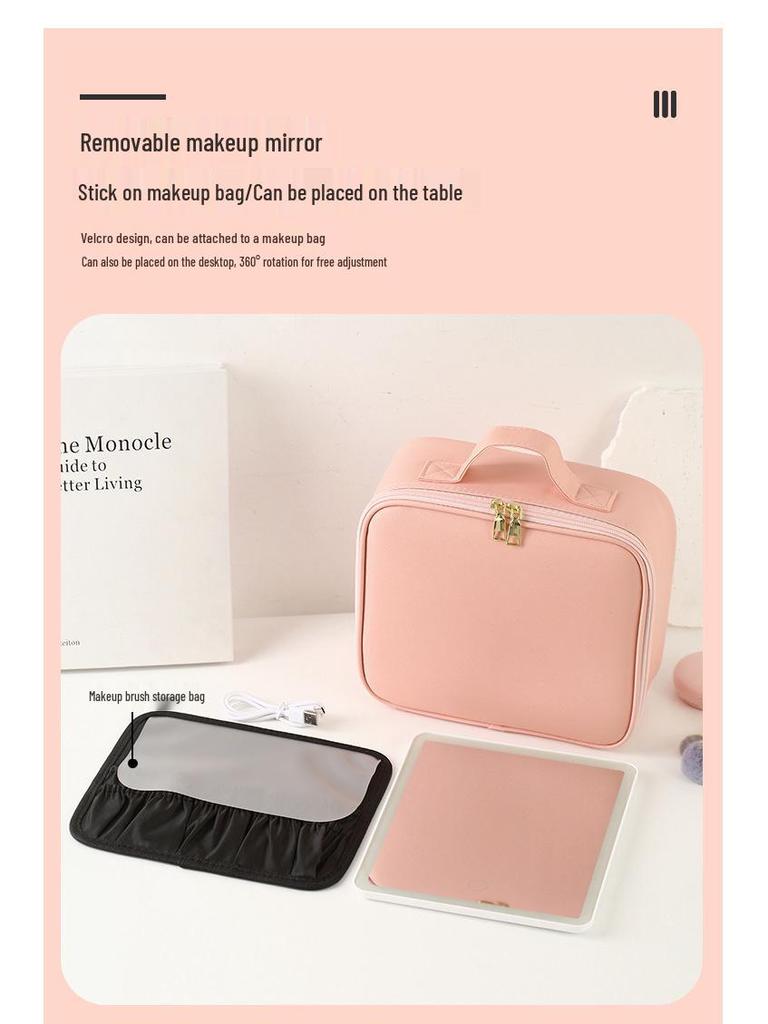 Portable LED Makeup Bag with Full Screen Mirror - Large Capacity Cosmetics Organizer