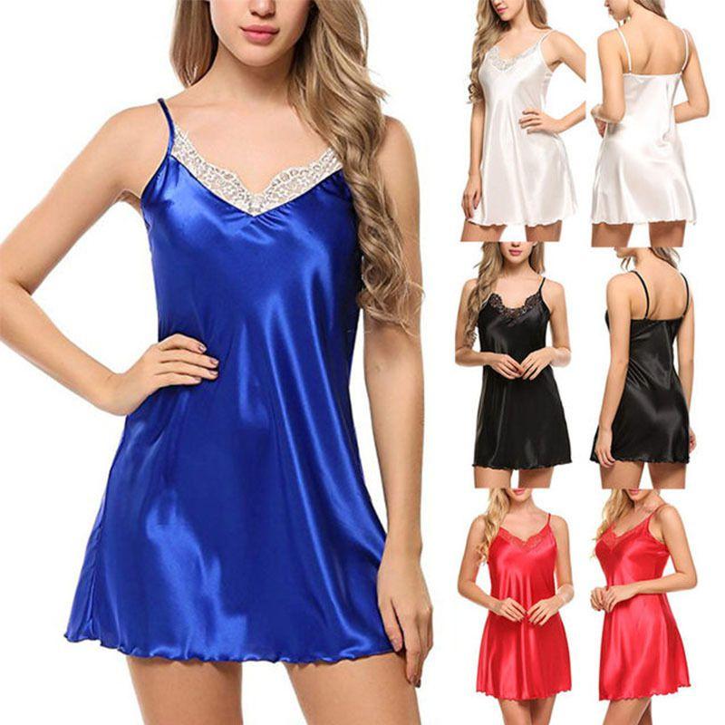 Sleepwear Women Sexy Nightgown Satin Silk Babydoll Lace Robes Night Sleep Dress