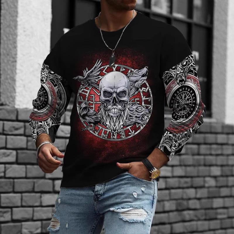 Rundhals 3D Schädelmuster Oberteil Lässige Langarm Herren T-Shirts - Weicher Mittlerer Stretch Polyesterstoff Frühling und Herbst Relaxed Fit Kleidung