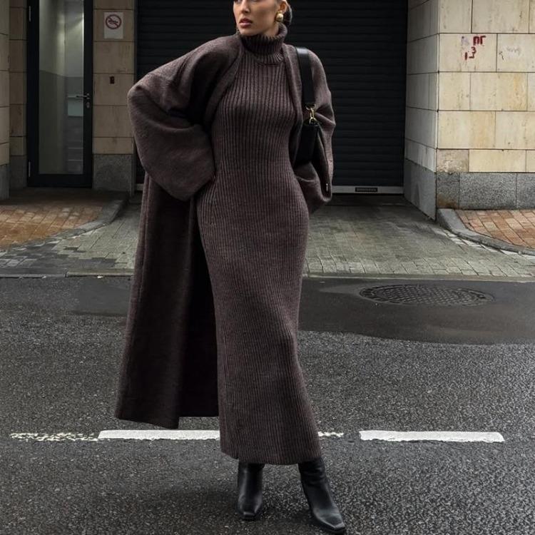 Autumn Winter Women Slim Fit Turtleneck Cardigan Sweater Set with Long Skirt Robe Jacket XS темно-коричневого