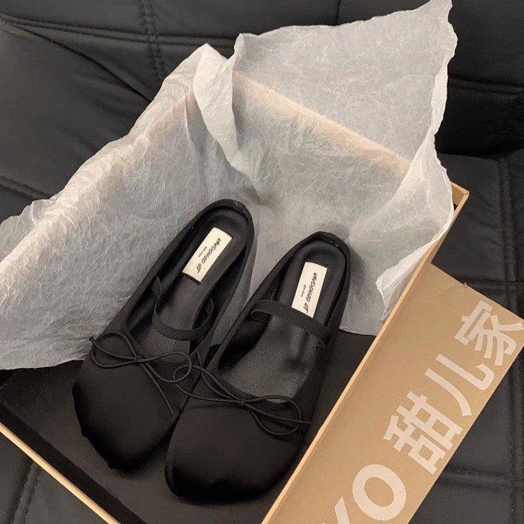 

Flat-bottomed bow pink bag head half slippers women s shoes wear 2025 spring and summer Mary Jane ballet sandals 35 чёрный