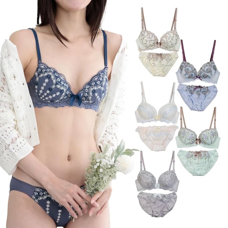 

[Pregerie] bra set lucky bag 5 piece set ladies Bra & panties set embroidery feminine cute ABCD 65-85 (Light colored assorted 5 piece set, D85)