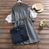 Plus Size Spring Autumn Women Dress Stand Collar Polka Dot Green Navy Blue Dress Elegant Long-Sleeved String Mini Dress