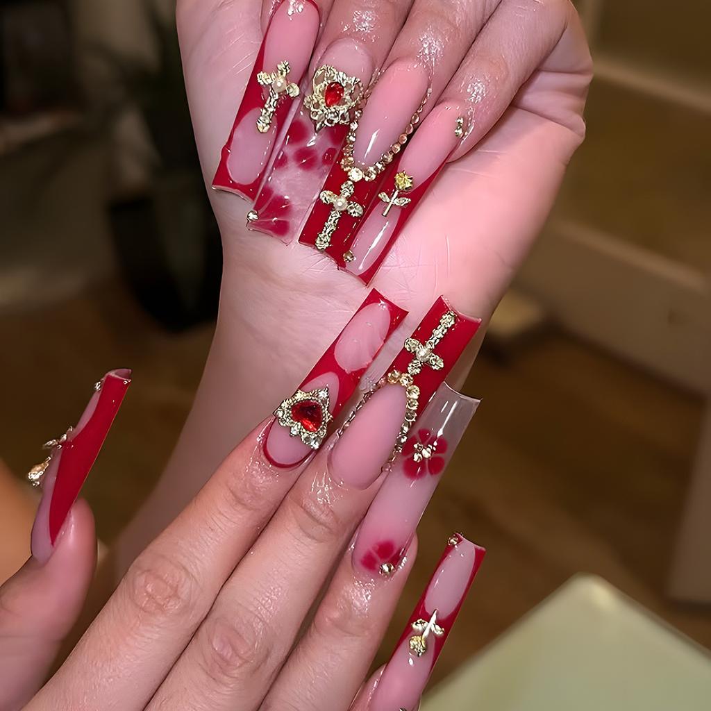 European and American long water pipe nail big red French fake nail gold rose cross point diamond nail piece wear nail