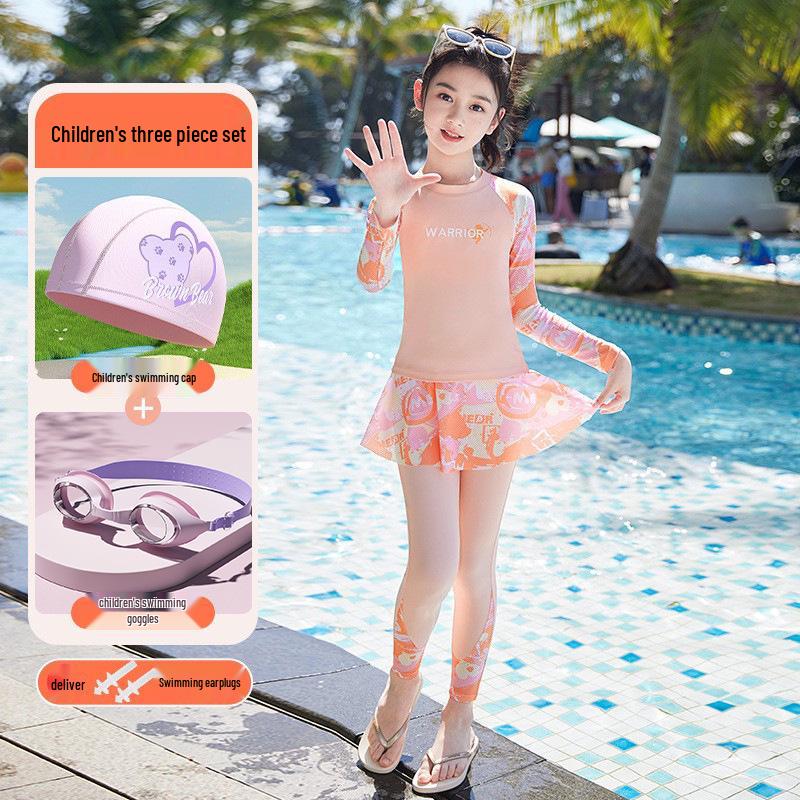 HuiLi 2025 Girls' Long-Sleeve Two-Piece Swimsuit Set for Middle School Students