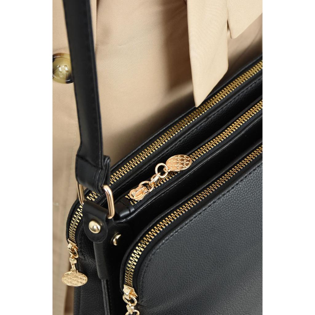 Schwarze Damen-Schultertasche aus weichem Leder mit 4 Fächern, langem Kreuzriemen, mittlerer Größe, nützliche Umhängetasche