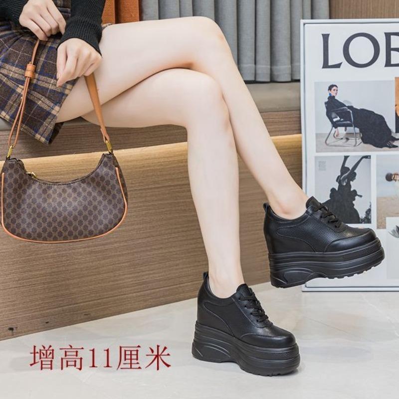 Fashion 11CM Suede Cow Genuine Leather Vulcanize Women Casual Platform Wedge Chunky Sneakers Spring Autumn Contoured Fashion Black Shoes