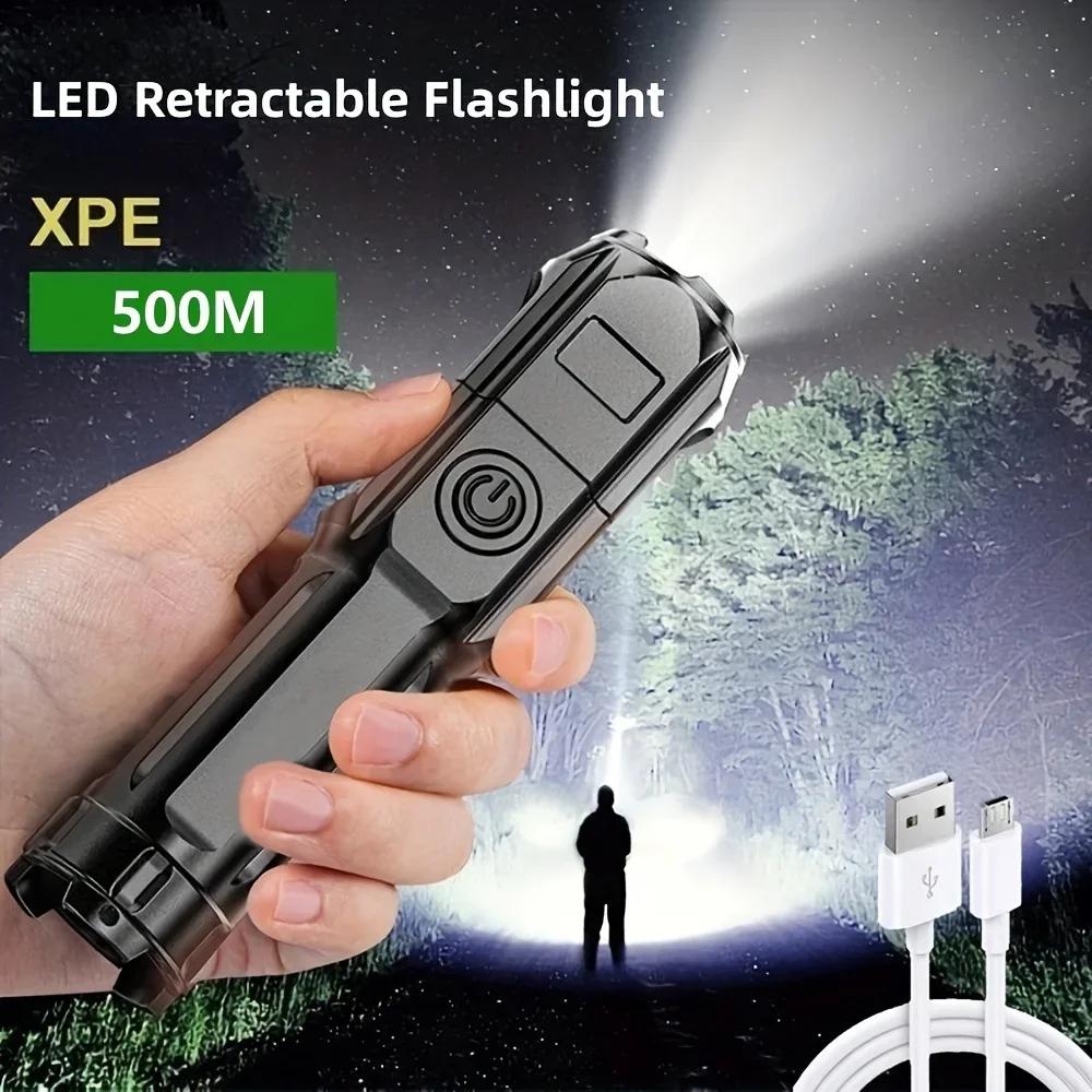 Telescopic Zoom Tactical Flashlights Rechargeable LED Torch 4 Lighting Modes Long-Range Waterproof Camping Fishing Flashlight