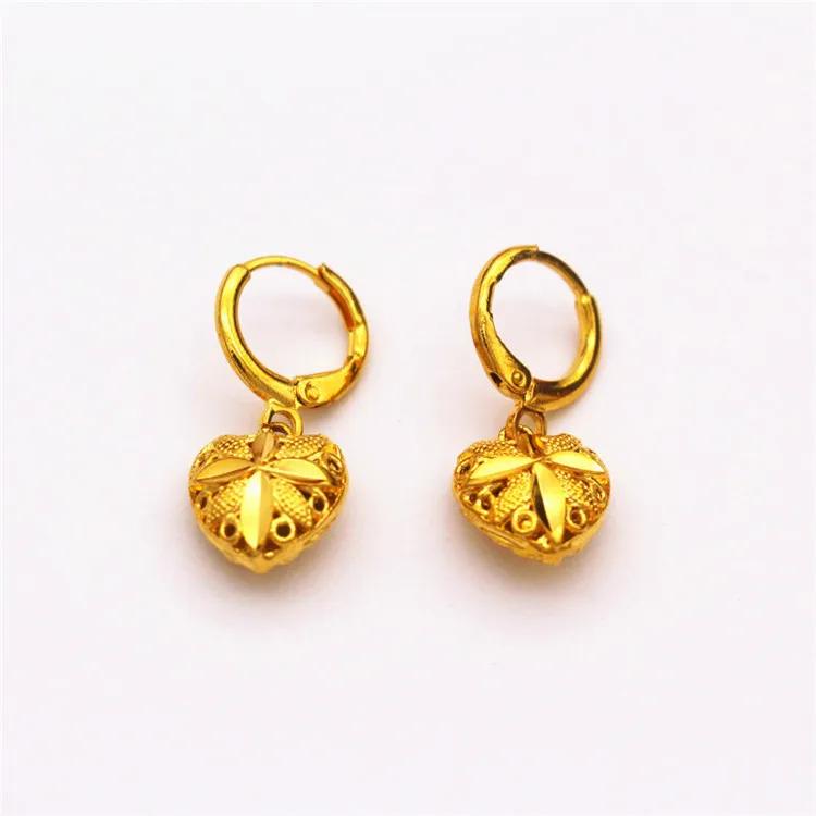 Luxury Genuine Gold Color Love Heart Shape Long Drop Earring for Women Bride Wedding Daily Wear Earring Jewelry Gifts