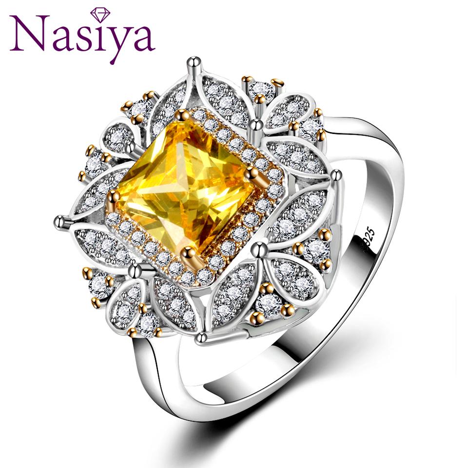 Luxury Square Created Citrine Rings For Women Genuine CopperColor Jewelry With AAAAA Zircon Wedding Engagement Ring Gifts