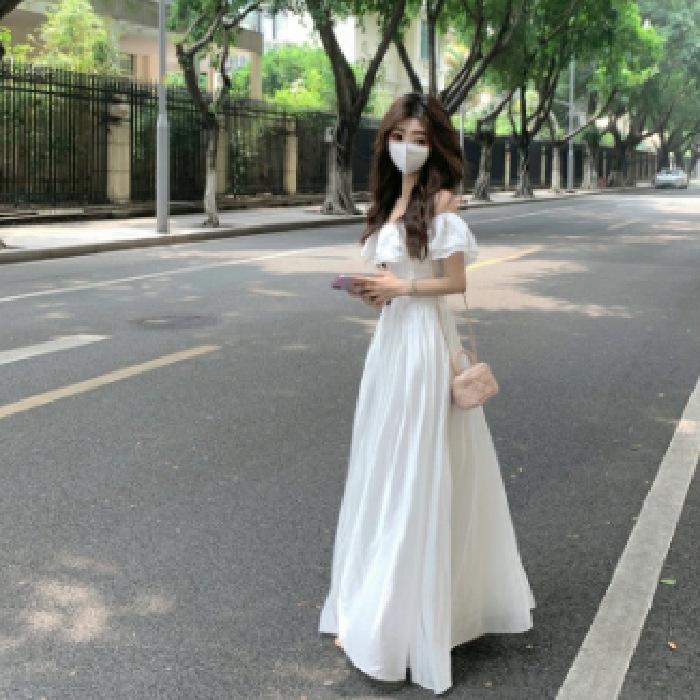 Summer vacation style French first love ruffle leaf edge shoulder dress women's small white dress waist thin backless dress