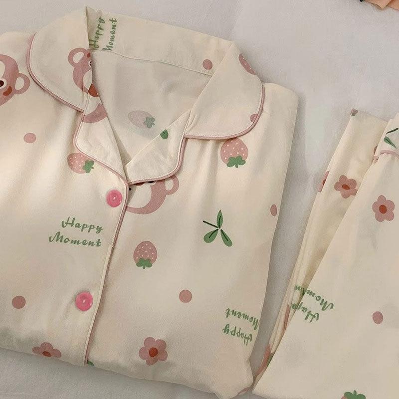 Fresh and sweet wind imitation cotton pajamas women's spring and autumn cute strawberry cardigan long-sleeved women's loungewear set autumn