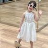 Girls Summer Vacation Casual Simple Plain Sleeveless Hollow Out Hanging Neck Dress