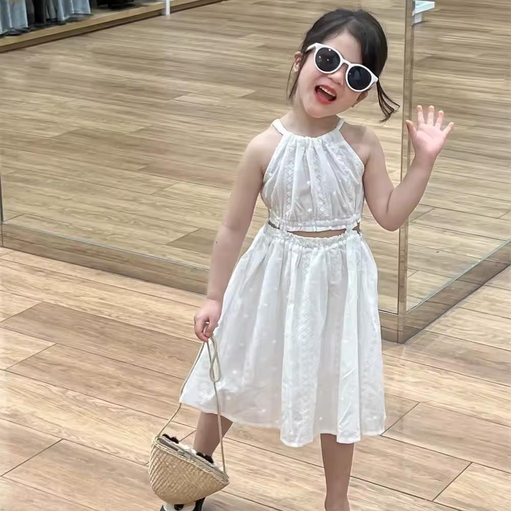 Девочки Летний Отпуск Повседневное Простое Однотонное Без Рукавов С Вырезами На Бретельках Платье 90