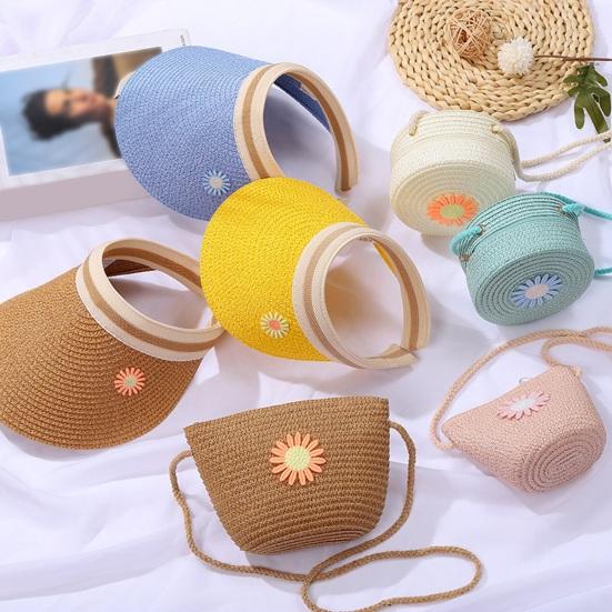 Children Shoulder Bag Straw Woven Flower Decor Pastoral Style Crossbody Bag Zipper