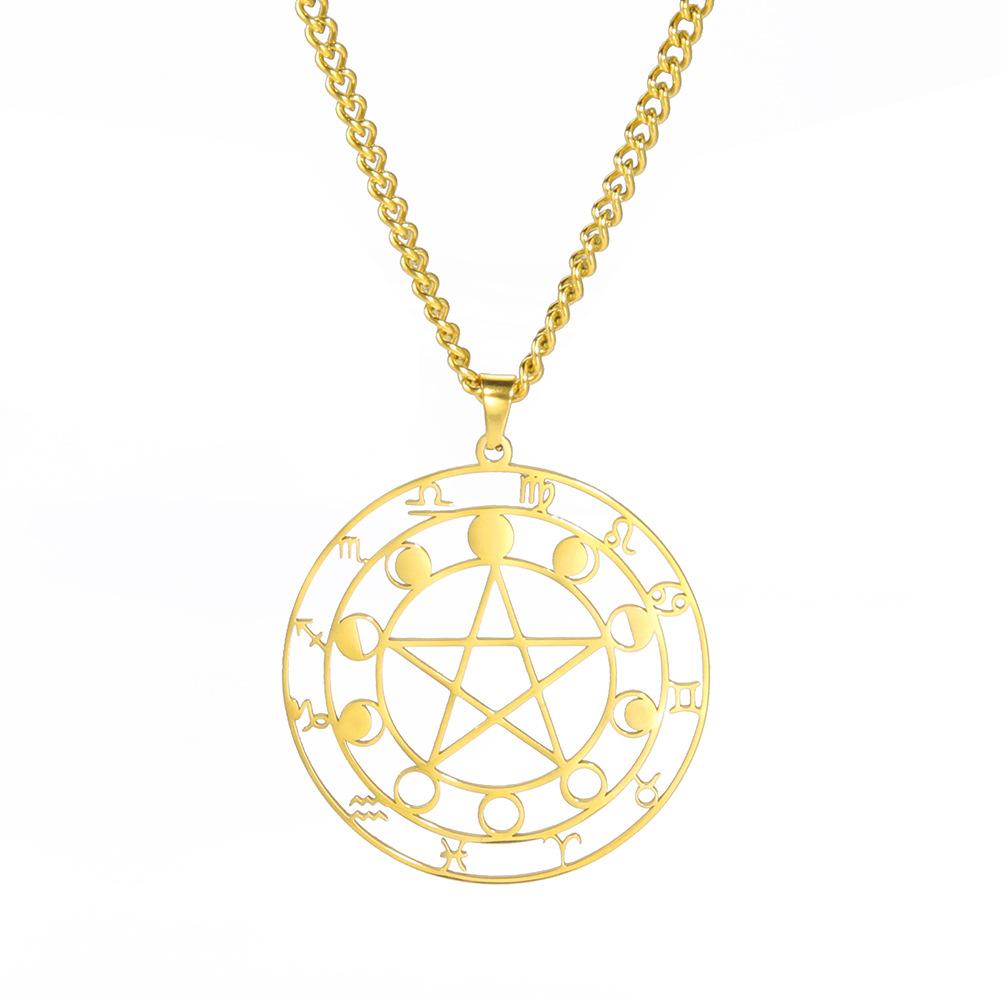Minimalist Hollow-Out Round Zodiac Pendant Necklace with Star and Moon Design