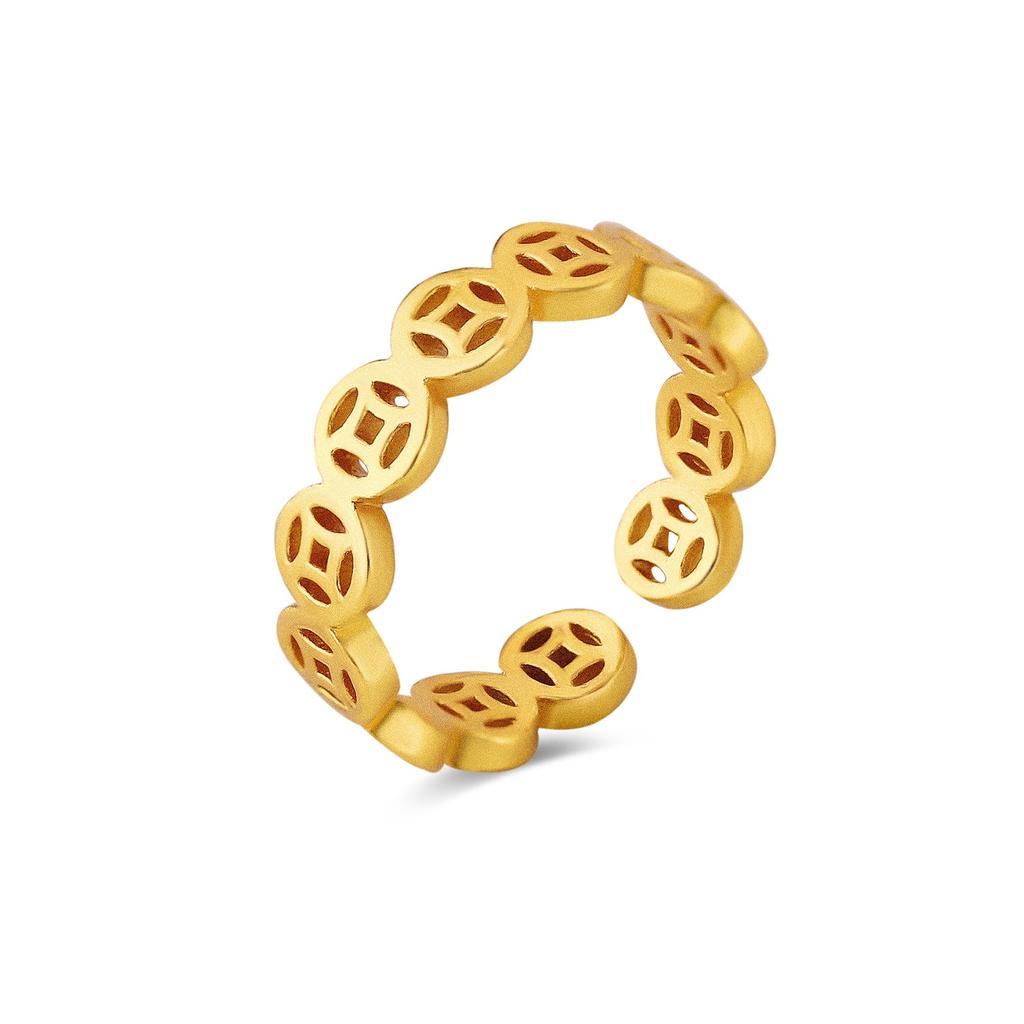 Damski pierścionek na szczęście łapacz pieniędzy moneta vintage ażurowy ze stali nierdzewnej pierścionek na palec pierścionki FengShui akcesoria jubilerskie