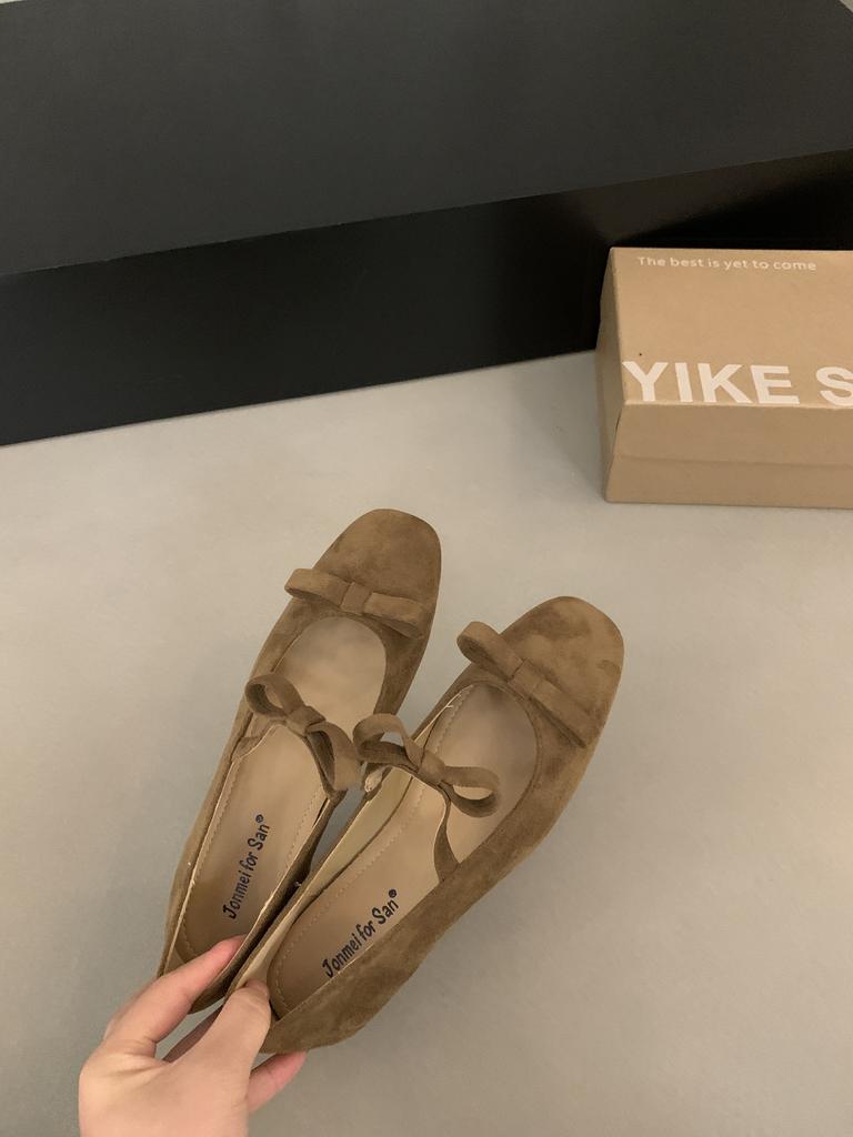 French Retro Double Bow Inner Height Increase Mary Jane Shoes Women's 2025 Autumn New Light Mouth Suede Ballet Shoes