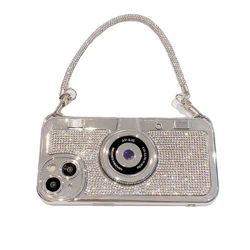 

3D Camera Design Full Glitter Diamond Wrist Strap Case For iPhone 15 Pro Max 14 13 11 12 16 Plus Plating Silver Hand Chain Cover iPhone 14