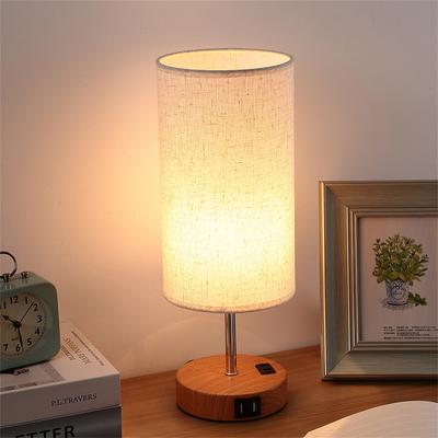Lámpara de Mesa USB Lámpara de Noche de Madera Lámpara de Mesita de Noche Lámpara de Escritorio Con Pantalla de Lámpara Cilíndrica Lámpara de Mesa Cálida Decoración para el Hogar