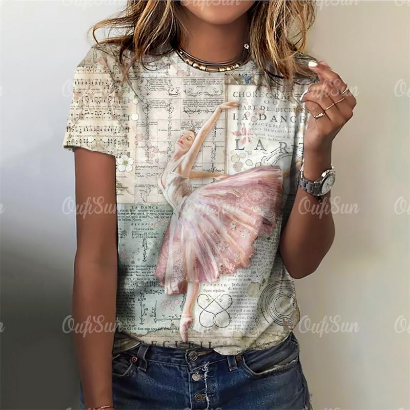 

Принт балетной танцовщицы Винтажная футболка Элегантные женские футболки Пуловеры Повседневные топы с коротким рукавом Женская одежда Свободная уличная одежда L