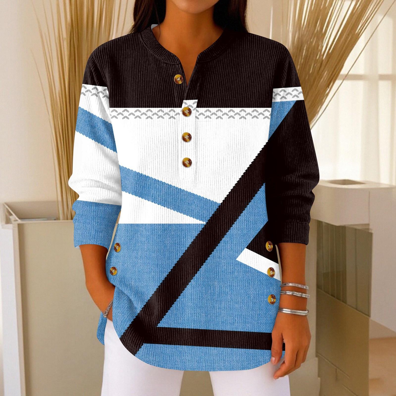 

Женский модный пуловер с длинными рукавами и рождественским принтом, с воротником на пуговицах XL синий